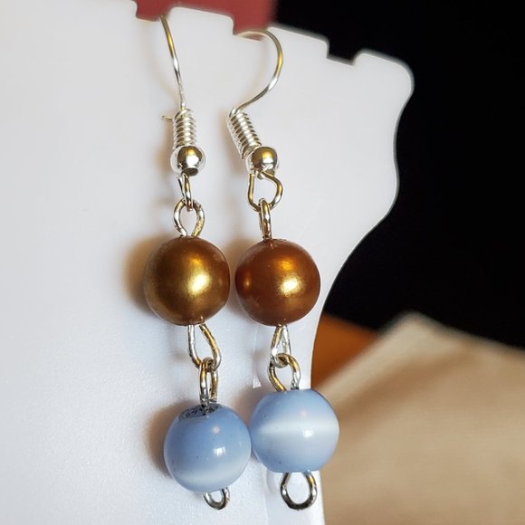 Silver Tone Glass and Blue Cat's Eye Bead Earrings - Picture 1 of 3